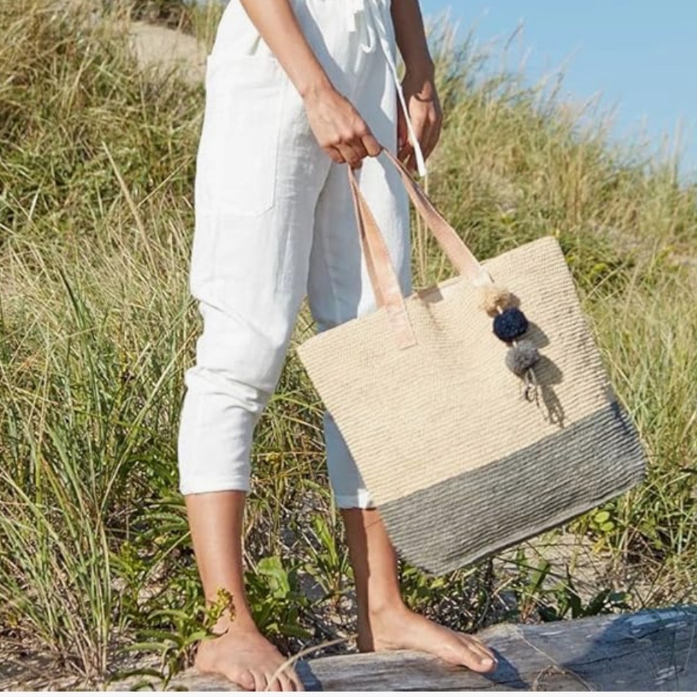 Two-Tone Straw Tote Bag with Pom Poms